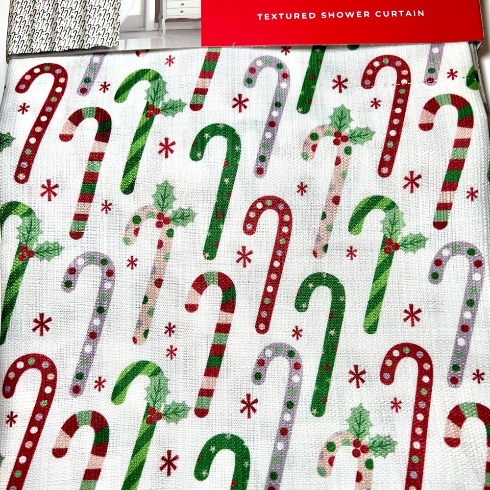 Christmas Fabric Candy Cane Shower Curtain Textured Polka Dots & Stripes
